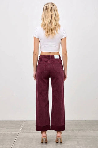 High Rise Straight Leg Jeans w/ Cuff Detail - Burgundy
