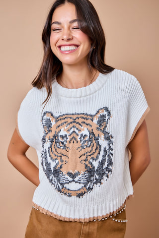 Tiger Intarsia Sweater Vest/Top w/ Contrast Edge