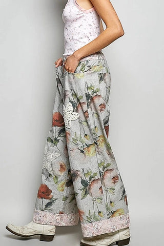 Oversized Crochet Patched Studded Floral Print Pants by POL Clothing