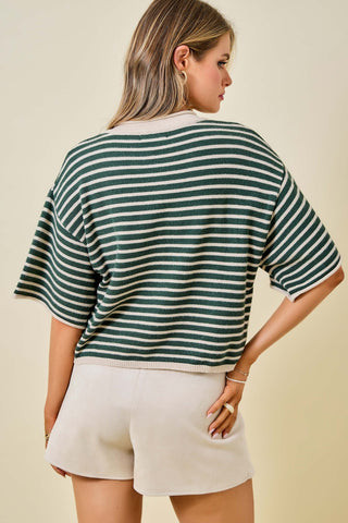 Striped Short Sleeve Henley Top w/ Dropped Shoulders