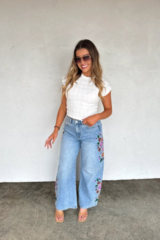 Evie High Rise Wide Leg Floral Embroidered Jeans