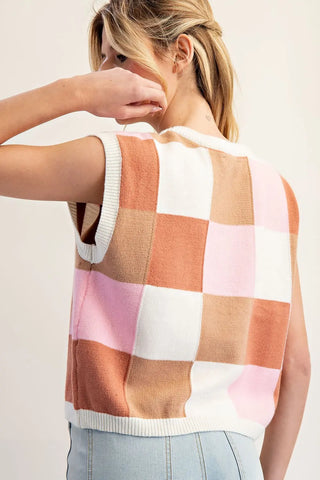 Sunset Latte Checker Print Sleeveless Sweater