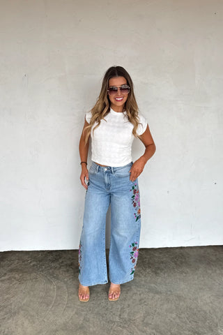 Evie High Rise Wide Leg Floral Embroidered Jeans