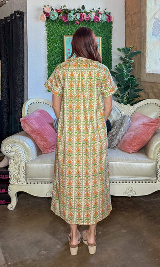 Botanical Print Midi Dress w/ Ruffle Accents