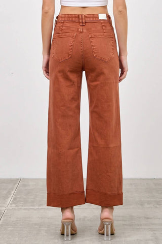 High Rise Straight Leg Jeans w/ Cuff Detail - Pumpkin