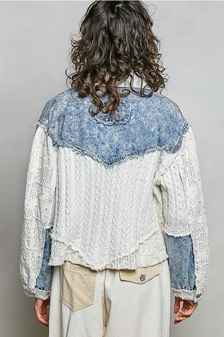 Denim Cable Knit Lace Patchwork Woven Long Sleeve Shirt Top by POL Clothing