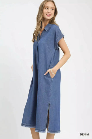 Stone Washed Collared Denim Midi Dress
