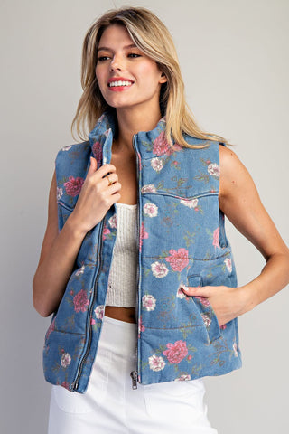 Padded Floral Mock Neck Denim Zip Up Vest