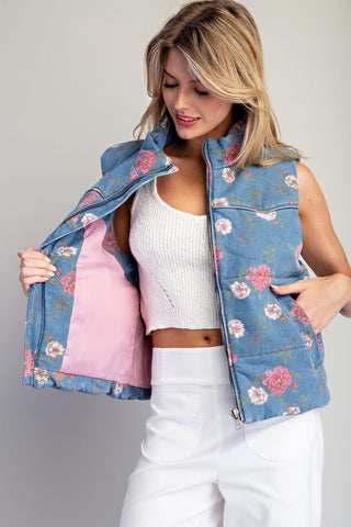 Padded Floral Mock Neck Denim Zip Up Vest