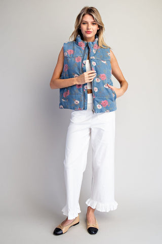 Padded Floral Mock Neck Denim Zip Up Vest