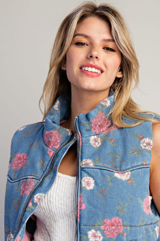 Padded Floral Mock Neck Denim Zip Up Vest