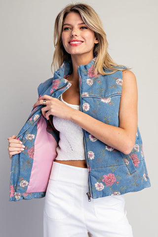 Padded Floral Mock Neck Denim Zip Up Vest