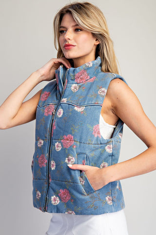Padded Floral Mock Neck Denim Zip Up Vest is a floral denim vest 