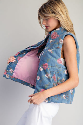 Padded Floral Mock Neck Denim Zip Up Vest
