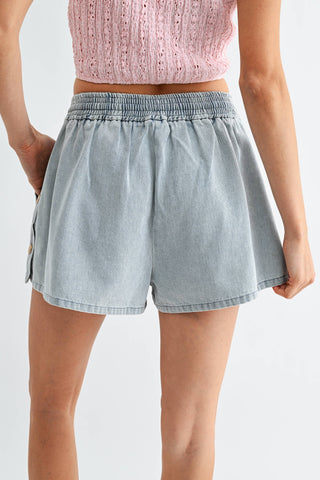 Light Wash Denim Drawstring Shorts w/ Side Buttons