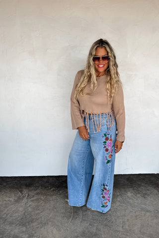 Evie High Rise Wide Leg Floral Embroidered Jeans