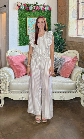 Striped Wide-Leg Ruffled Jumpsuit w/ Self-Tie Belt