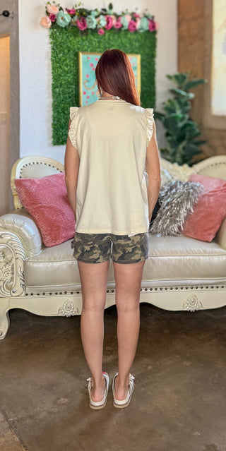 Vintage Cactus Sleeveless Top w/ Ruffle Sleeve Trim