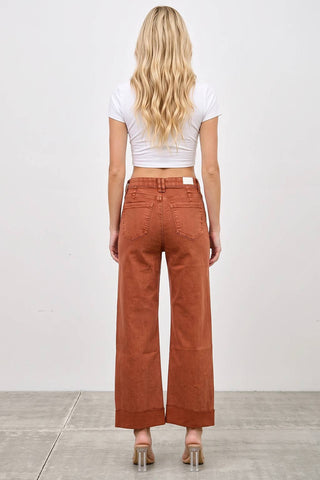 High Rise Straight Leg Jeans w/ Cuff Detail - Pumpkin