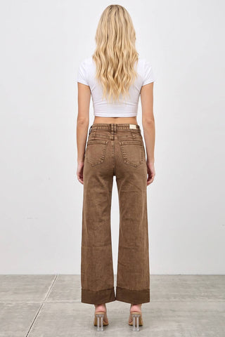 High Rise Straight Leg Jeans w/ Cuff Detail - Coffee