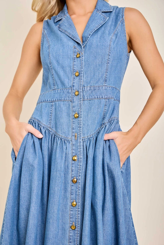 Sleeveless Denim Midi Dress with Button Front Detail