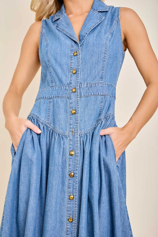 Sleeveless Denim Midi Dress with Button Front Detail