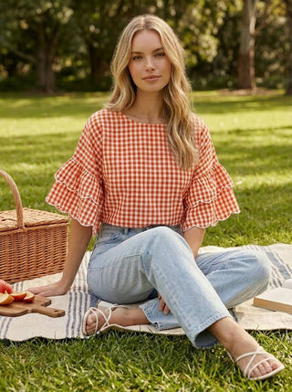 Charming Gingham Scallop Edge Wild Ruffle Sleeve Top