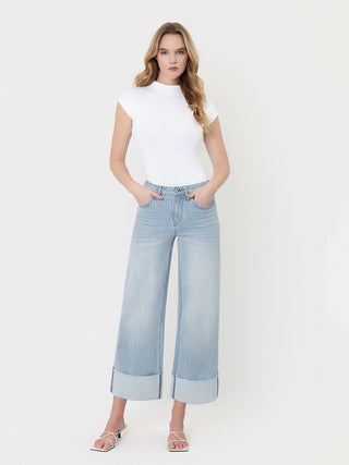 Olivia High Rise Cuffed Striped Crop Wide Jeans by Vervet