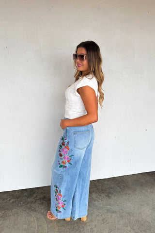 Evie High Rise Wide Leg Floral Embroidered Jeans