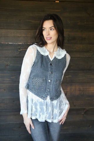 Collared Lace Mesh Long Sleeve Top - 2 Colors!