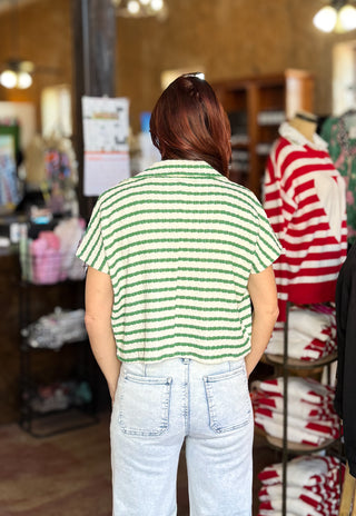 Striped Split Neck Collared Short Sleeve Top - 2 Colors!