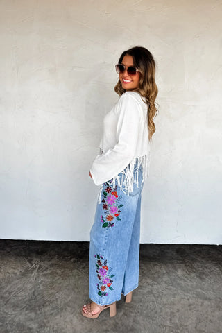 Evie High Rise Wide Leg Floral Embroidered Jeans