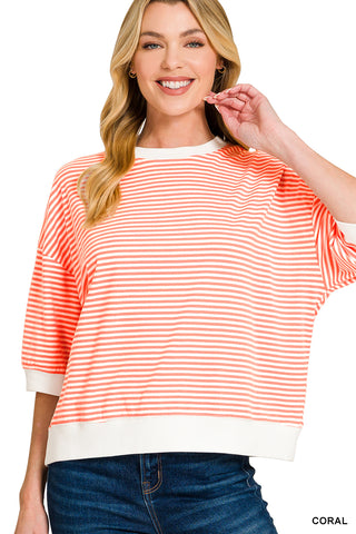 1/2 Sleeve Striped Top w/ Contrast Trim - 4 Colors!
