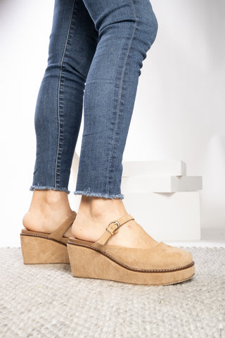 Corkys Me Time Wedge Closed Toe Shoe - Camel Faux Suede