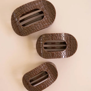 Teleties Brown Crocodile Flat Round Hair Clip - Large