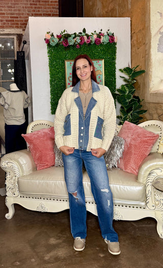 Mixed Media Cable Knit Denim Jacket
