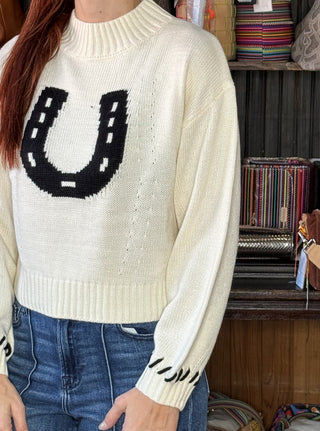 Person wearing a cream sweater with a black horseshoe design, standing in front of a bookshelf.