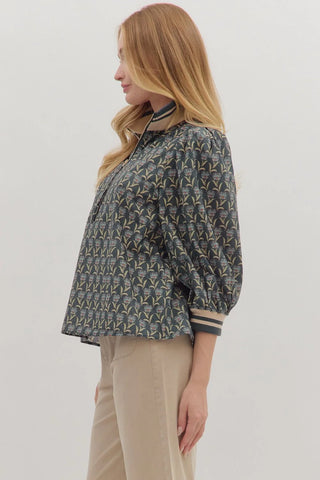 Midnight Floral Puff Sleeve Zip Top