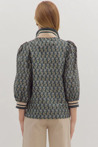 Midnight Floral Puff Sleeve Zip Top