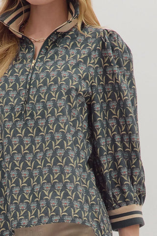 Midnight Floral Puff Sleeve Zip Top