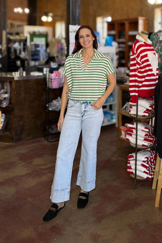 Striped Split Neck Collared Short Sleeve Top - 2 Colors!