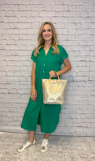 Collared Button Up Shirt Dress in Kelly Green