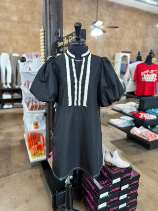 Puff Sleeve Black Dress w/ Embroidered Texture Detail