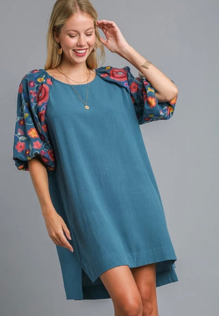 Teal Blue 3/4 Sleeve Dress w/ Embroidery