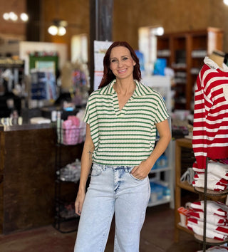Striped Split Neck Collared Short Sleeve Top - 2 Colors!