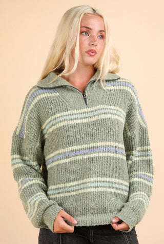 Sage Striped Half Zip Up Sweater Top