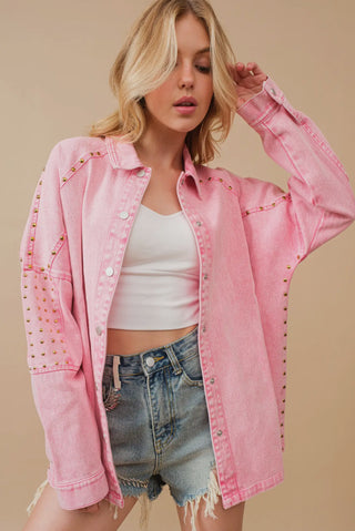 Pink Studded Oversized Denim Jacket