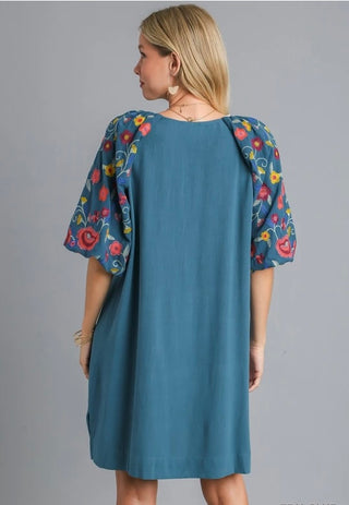 Teal Blue 3/4 Sleeve Dress w/ Embroidery
