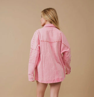 Pink Studded Oversized Denim Jacket