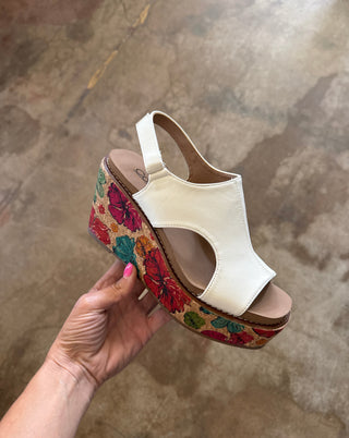 Corkys "Freddie" White Wedge Sandal w/ Floral Heel Design